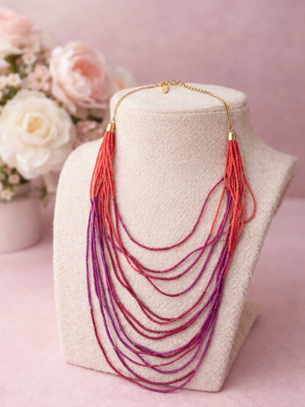Multi-Strand Pink & Red Beaded Statement Necklace
